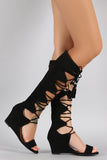 Qupid Suede Open Toe Gladiator Lace Up Wedge Sandal