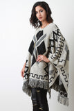 Fringe Hem Pattern Poncho Top