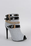 Denim Studded Buckled Peep Toe Stiletto Booties