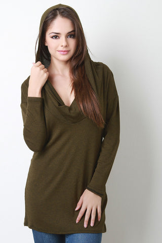 Cowl Hood Ribbed Long Sleeve Top