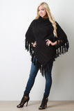 Mixed Cable Knit Turtleneck Tassel Hem Poncho