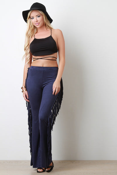 Fringe Side Vegan Suede Flare Pants