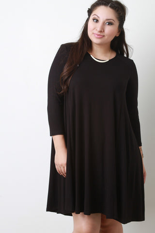 Round Neck Long Sleeves Teardrop Midi Shift Dress