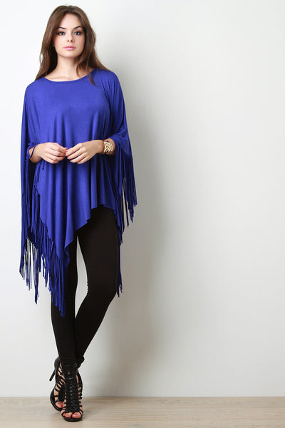 Jersey Knit Fringe Handkerchief Hem Poncho