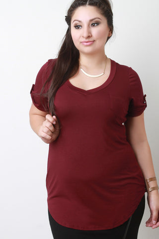 V-Neck Pocket Tab Sleeve Round Hem Top