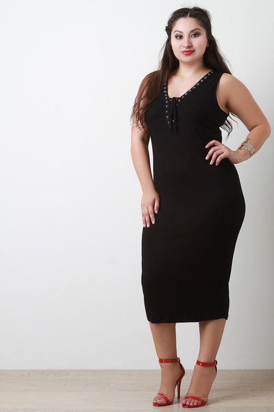 Lace Up Sleeveless Ribbed Midi Dress