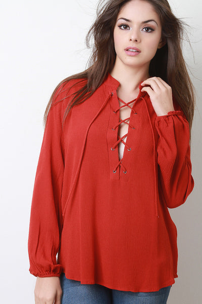 Crepe Chiffon Lace Up Blouse