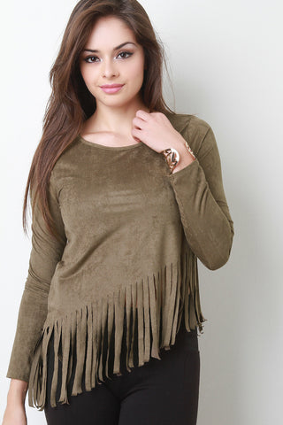 Suede Slanted Fringe Long Sleeve Crop Top