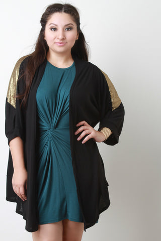 Crinkle Metallic Foil Trim Draped Open Front Cardigan