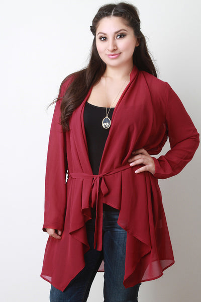 Waist-Tie Chiffon Open Front Long Sleeves Cardigan